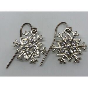 Winter Dangle Snowflake Earrings Silver Tone w/ Rhinestones Pierced French‎ Wire
